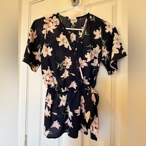 Sienna Sky Navy Hawaiian Floral Tie-Waist Blouse